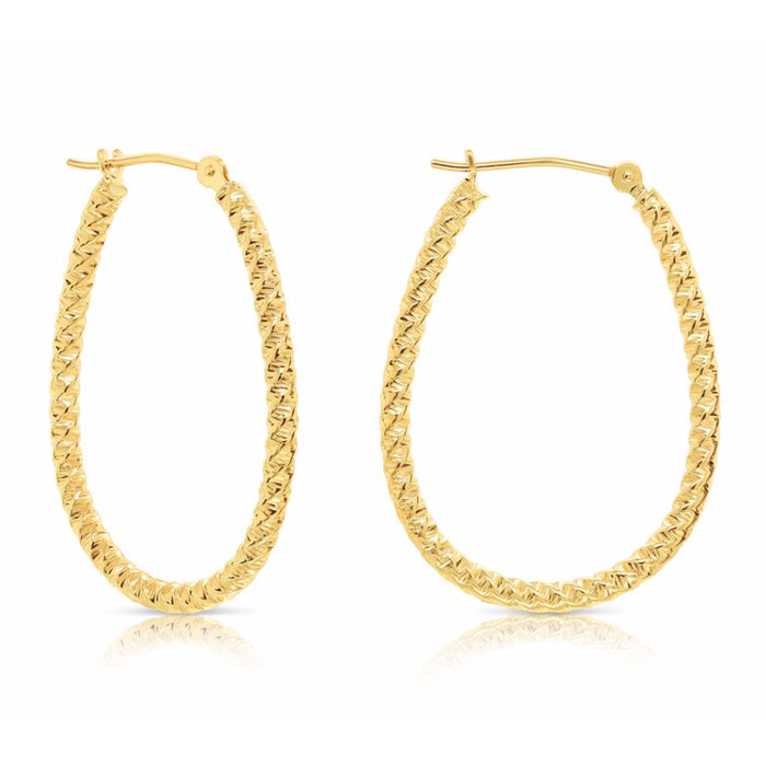 14k Yellow Gold Oval Hoop Earrings with Spiral Diamond Cut
