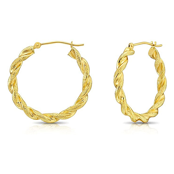 14k Yellow Gold Twisted Hoop Earrings with Engraved Ridges