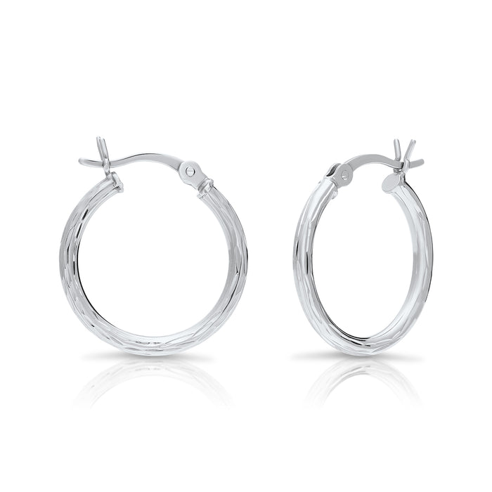925 Brilliant Sterling Silver All Around Diamond cut Round Hoop Earrings