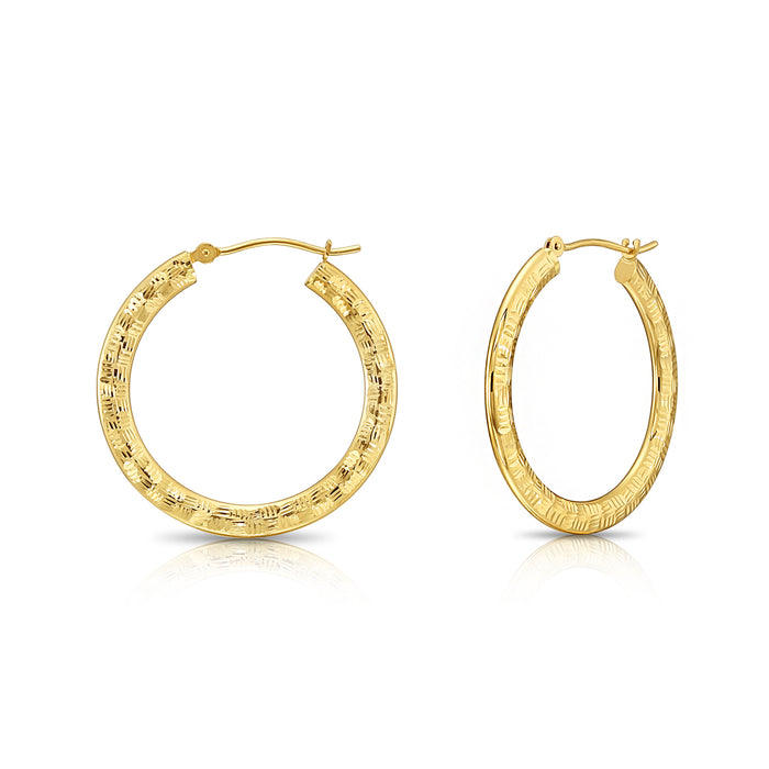 14k Yellow Gold Diamond-Cut Round Flat Hoop Earrings