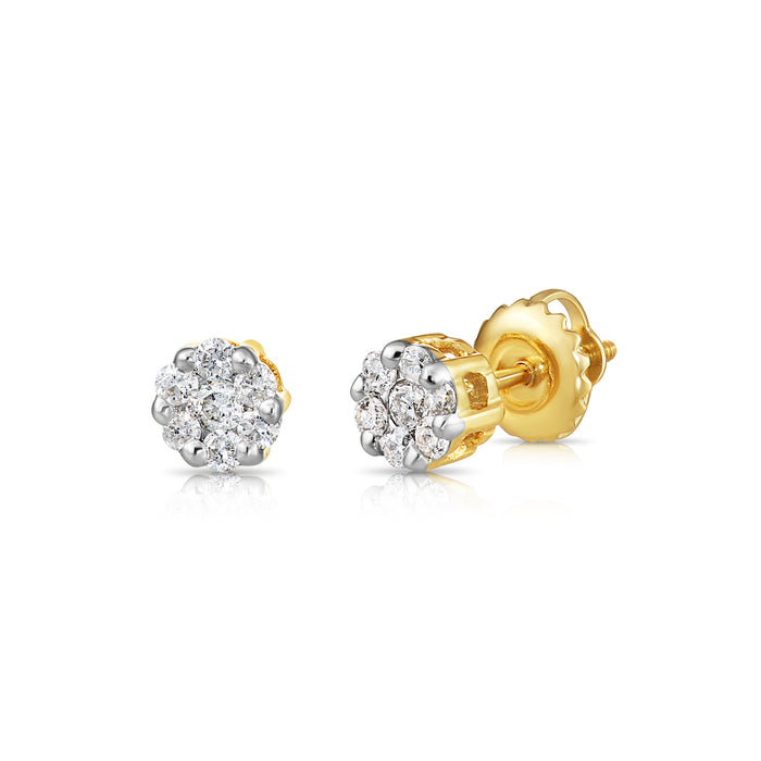 14K Yellow Gold Diamond Cluster Stud Earring with Screw-Back