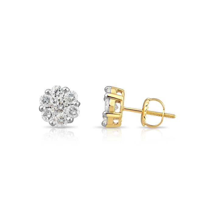 14K Yellow Gold Diamond Cluster Stud Earring with Screw-Back
