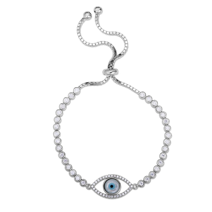 Sterling Silver Cubic Zirconia Evil Eye Adjustable Bracelet