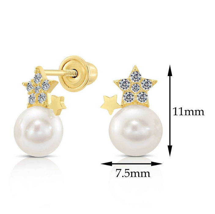 10k Yellow Gold Star Studs with Freshwater Pearl Earring