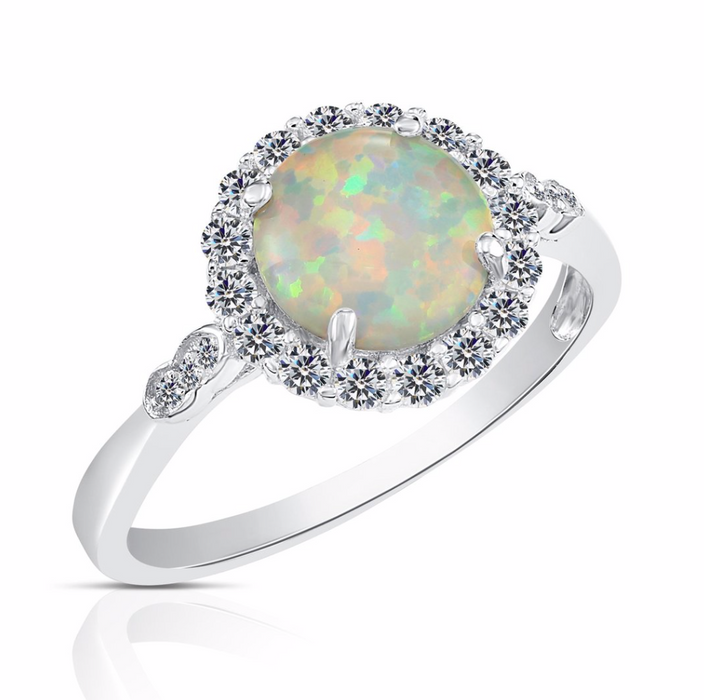 Sterling Silver Round Halo Fire Opal Ring with CZ NY12682