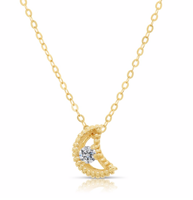 14K Yellow Gold Crescent Moon CZ Necklace (Adjustable) NYC0012