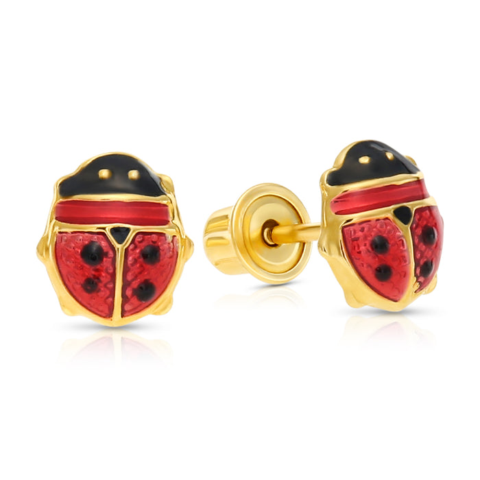 14K Yellow Gold Multi-Color Ladybug Enamel Stud Earrings - Screwbacks