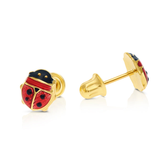 14K Yellow Gold Red Ladybug Enamel Stud Earrings - Screwbacks