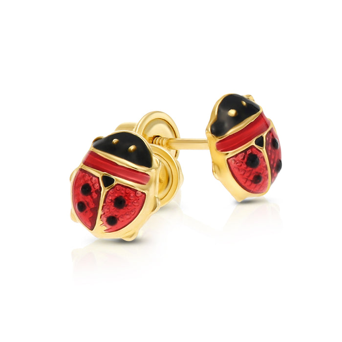 14K Yellow Gold Red Ladybug Enamel Stud Earrings - Screwbacks