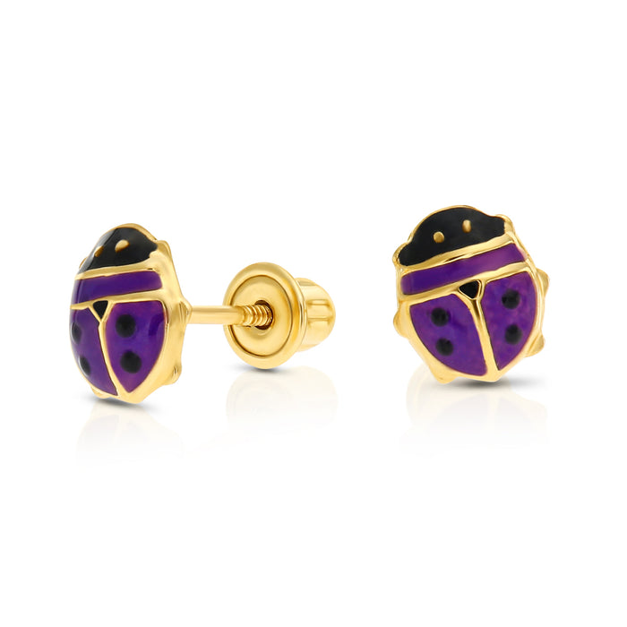 14K Yellow Gold Multi-Color Ladybug Enamel Stud Earrings - Screwbacks