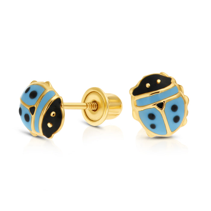14K Yellow Gold Multi-Color Ladybug Enamel Stud Earrings - Screwbacks