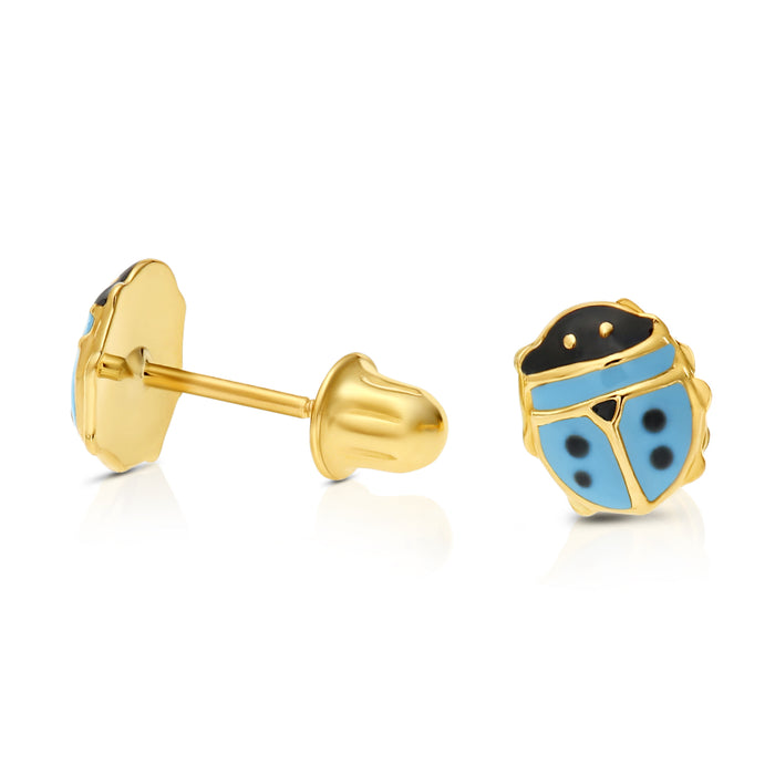 14K Yellow Gold Multi-Color Ladybug Enamel Stud Earrings - Screwbacks