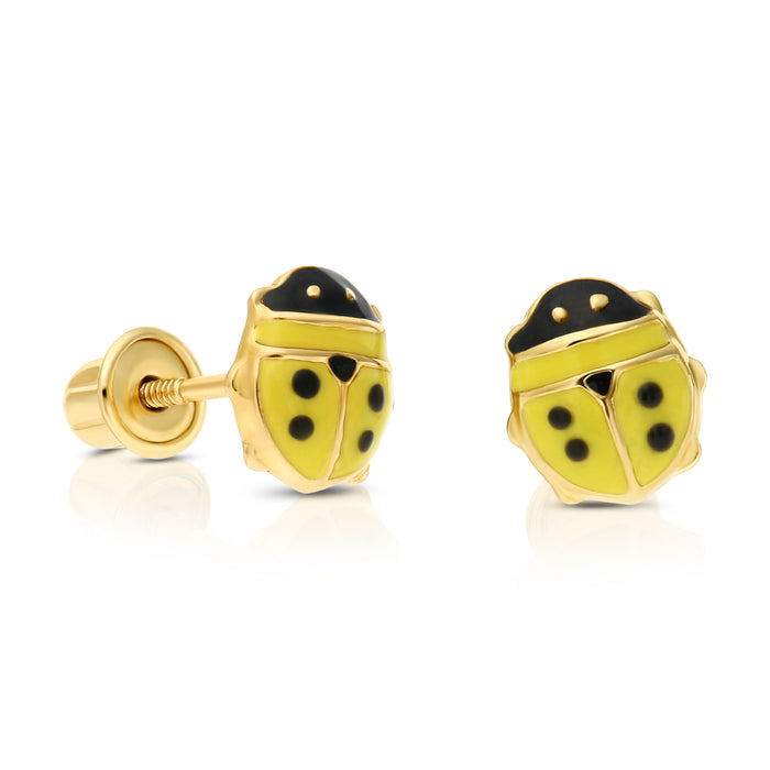 14K Yellow Gold Multi-Color Ladybug Enamel Stud Earrings - Screwbacks