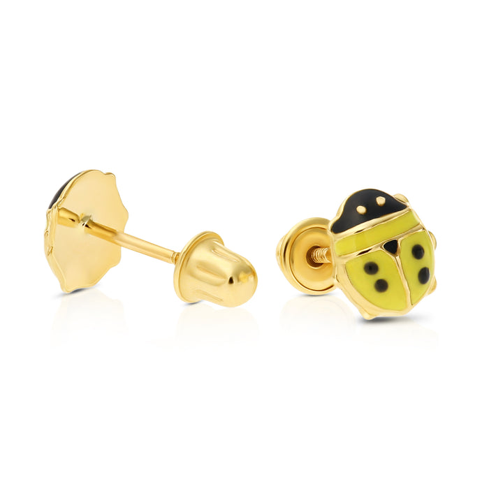 14K Yellow Gold Multi-Color Ladybug Enamel Stud Earrings - Screwbacks