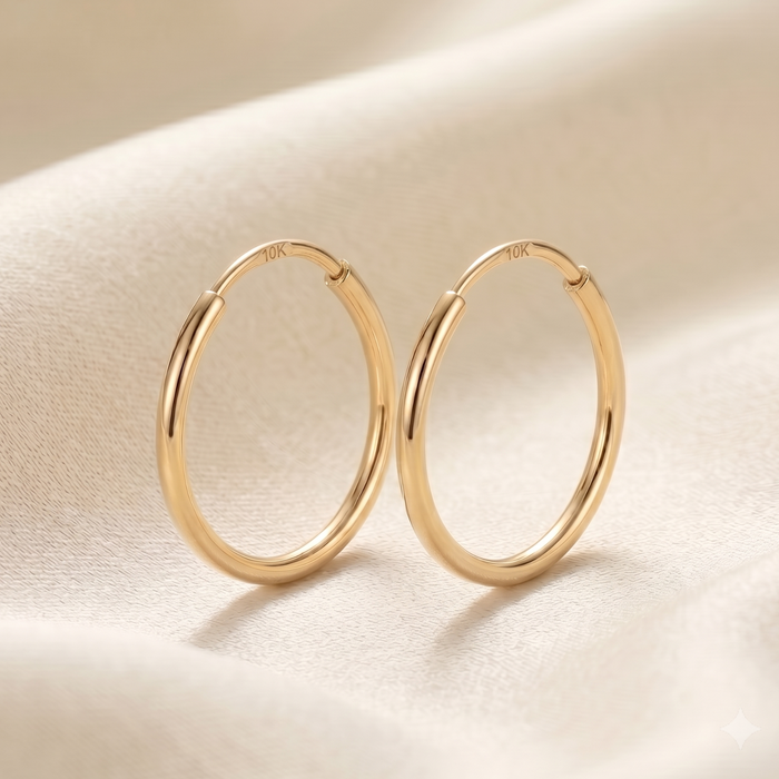 10K Yellow Gold Round Endless Hoop Earrings, 1MM