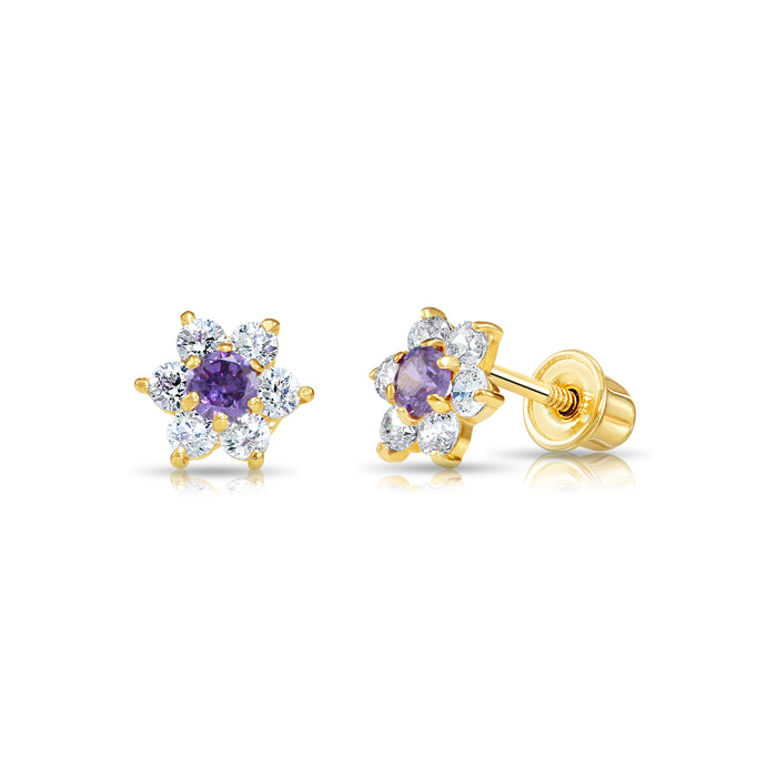 14k Yellow Gold Flower Birthstone CZ  Stud Earrings Screw Back - 5.5MM