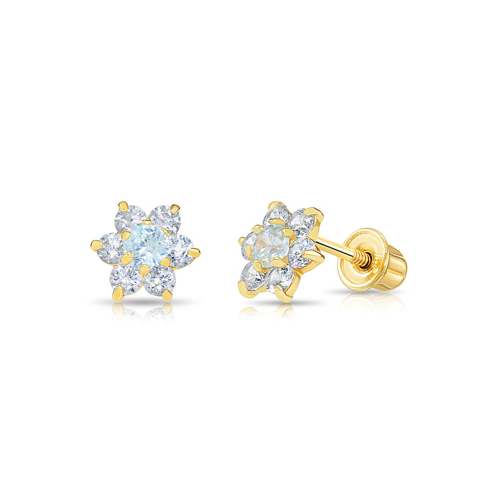 14k Yellow Gold Flower Birthstone CZ  Stud Earrings Screw Back - 5.5MM