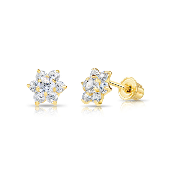 14k Yellow Gold Flower Birthstone CZ  Stud Earrings Screw Back - 5.5MM