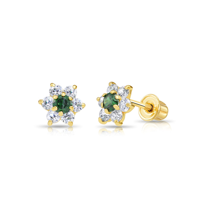 14k Yellow Gold Flower Birthstone CZ  Stud Earrings Screw Back - 5.5MM