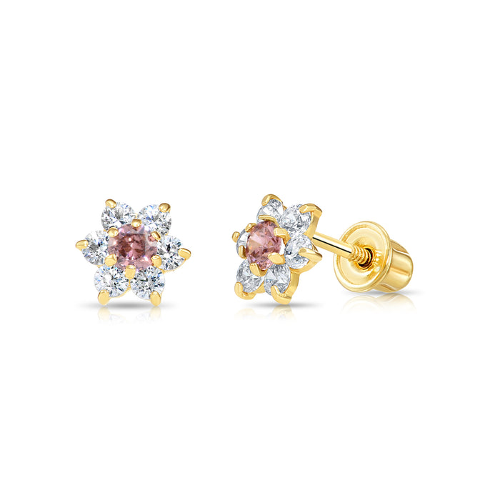 14k Yellow Gold Flower Birthstone CZ  Stud Earrings Screw Back - 5.5MM