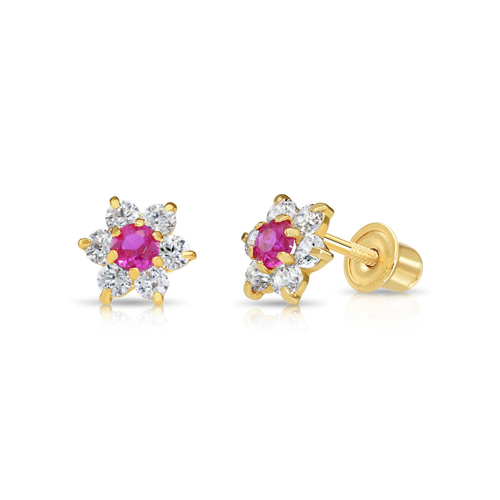 14k Yellow Gold Flower Birthstone CZ  Stud Earrings Screw Back - 5.5MM