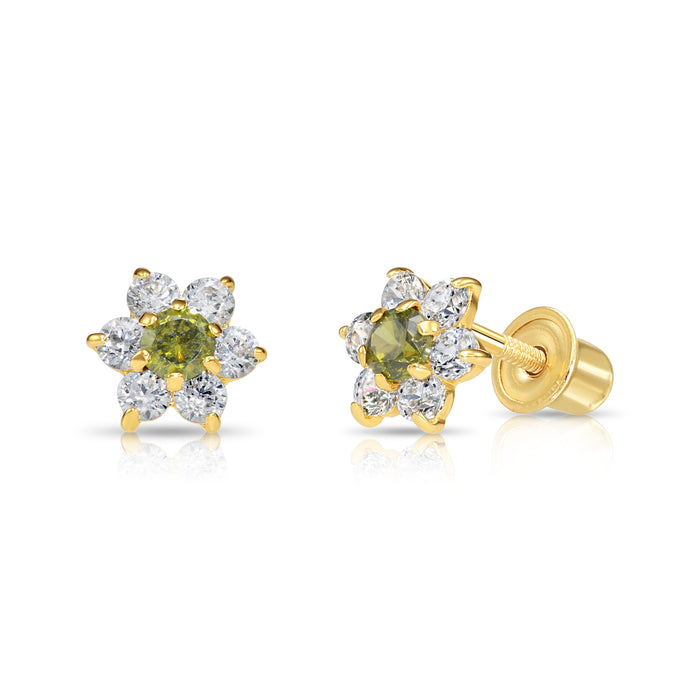 14k Yellow Gold Flower Birthstone CZ  Stud Earrings Screw Back - 5.5MM