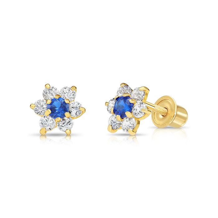 14k Yellow Gold Flower Birthstone CZ  Stud Earrings Screw Back - 5.5MM