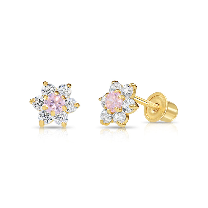 14k Yellow Gold Flower Birthstone CZ  Stud Earrings Screw Back - 5.5MM