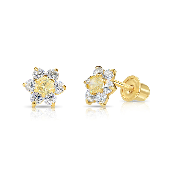 14k Yellow Gold Flower Birthstone CZ  Stud Earrings Screw Back - 5.5MM