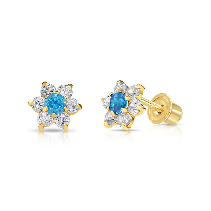 14k Yellow Gold Flower Birthstone CZ  Stud Earrings Screw Back - 5.5MM