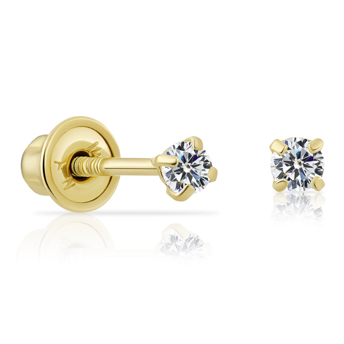 14k Yellow Gold Round Solitaire CZ Stud Earrings - Screwback