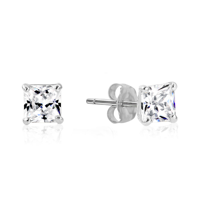 925 Sterling Silver 4 Prong Square Princess Solitaire CZ Studs - Pushback