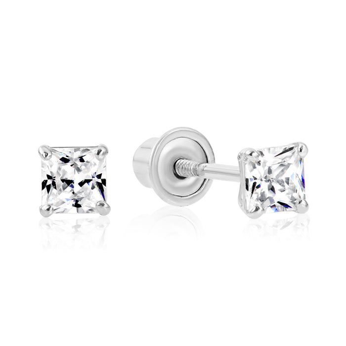 14k White Gold Square CZ Stud Earrings - Screwback