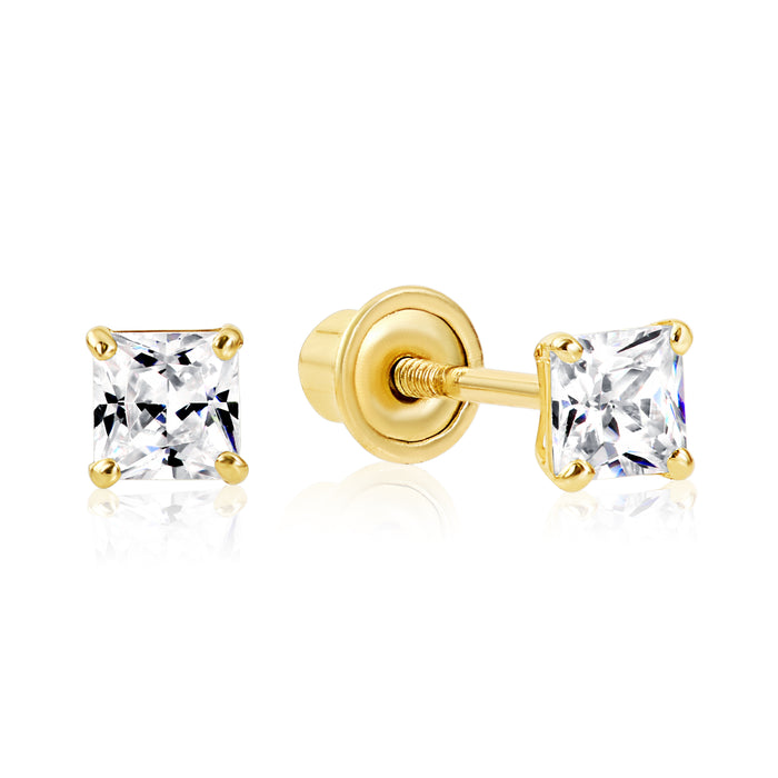 14k Yellow Gold Square CZ Stud Earrings - Screwback