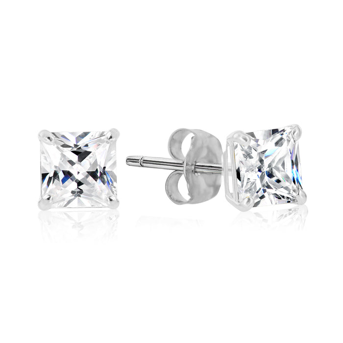 925 Sterling Silver 4 Prong Square Princess Solitaire CZ Studs - Pushback