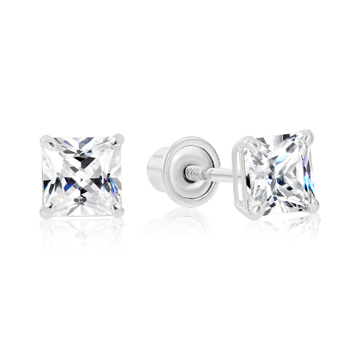 14k White Gold Square CZ Stud Earrings - Screwback