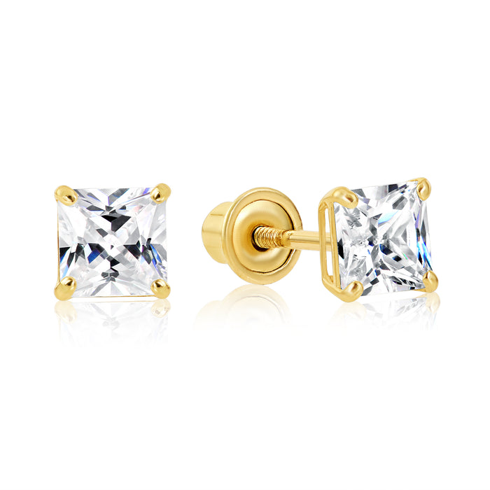 14k Yellow Gold Square CZ Stud Earrings - Screwback