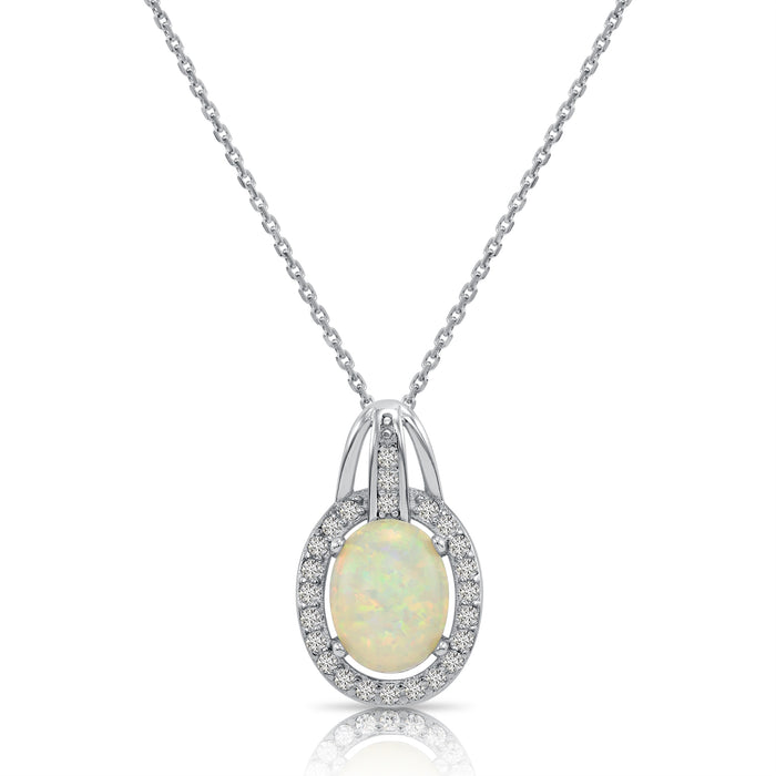 925 Sterling Silver Fire Oval Opal Halo Pendant Necklace