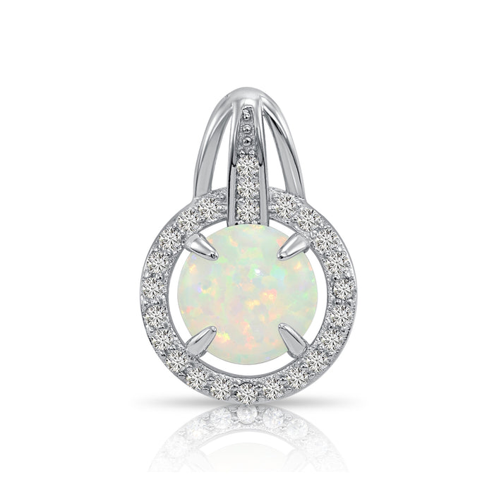 925 Sterling Silver Round Fire Opal Halo Pendant Necklace - NY21307