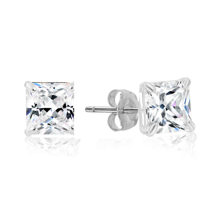 925 Sterling Silver 4 Prong Square Princess Solitaire CZ Studs - Pushback