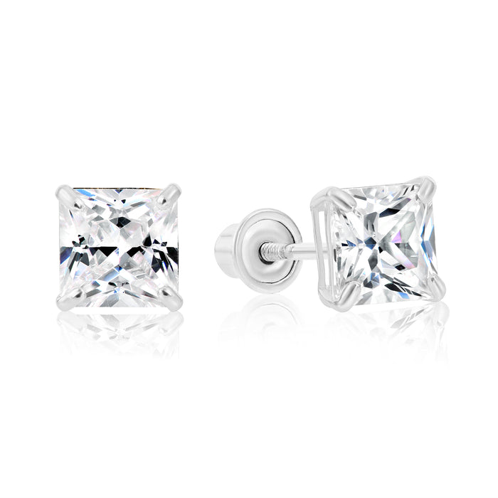 14k White Gold Square CZ Stud Earrings - Screwback