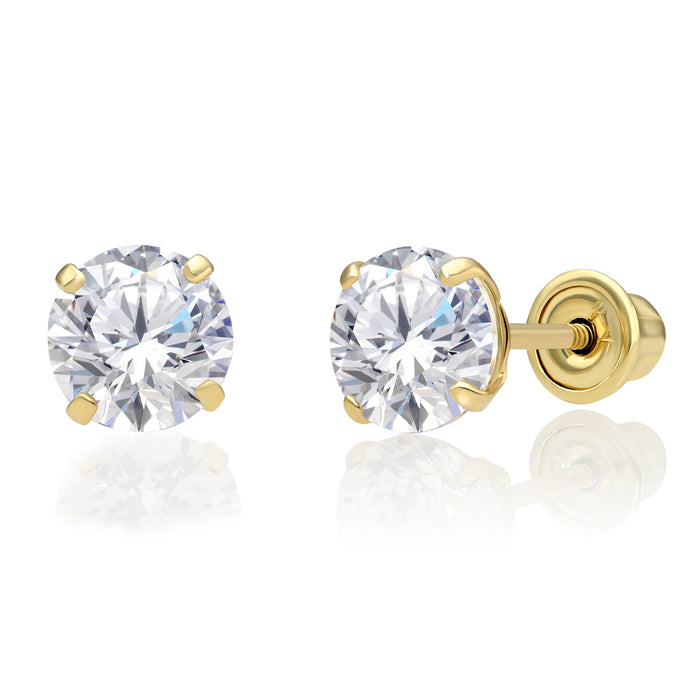 14k Yellow Gold Round Solitaire CZ Stud Earrings - Screwback