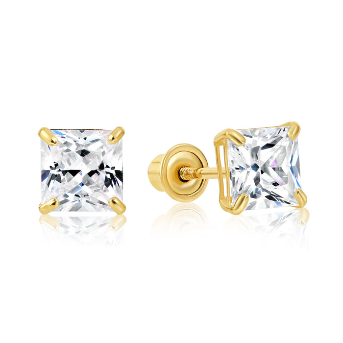 14k Yellow Gold Square CZ Stud Earrings - Screwback