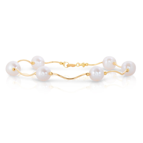 14k Solid Gold Freshwater Cultured Pearl Station Bracelet - Plain