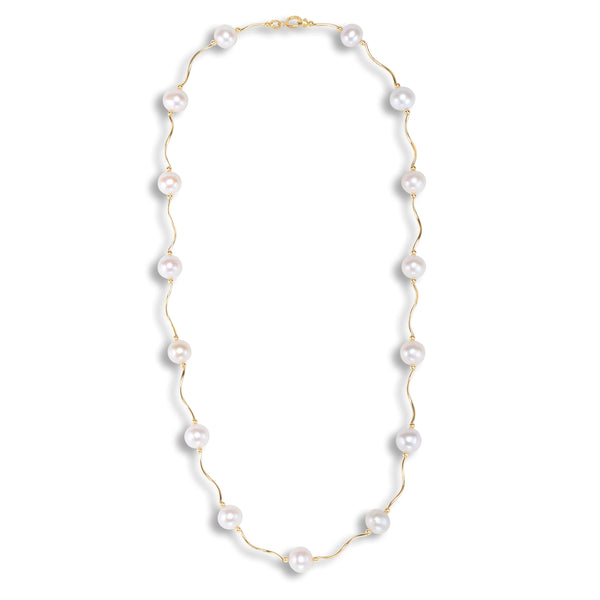 14k Solid Gold Freshwater Cultured Pearl Station Necklace - Plain