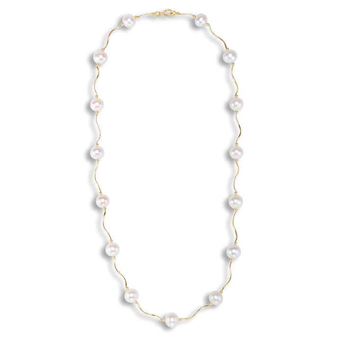 14k Solid Gold Freshwater Cultured Pearl Station Necklace - Plain