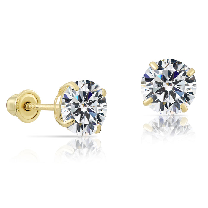 14k Yellow Gold Round Solitaire CZ Stud Earrings - Screwback