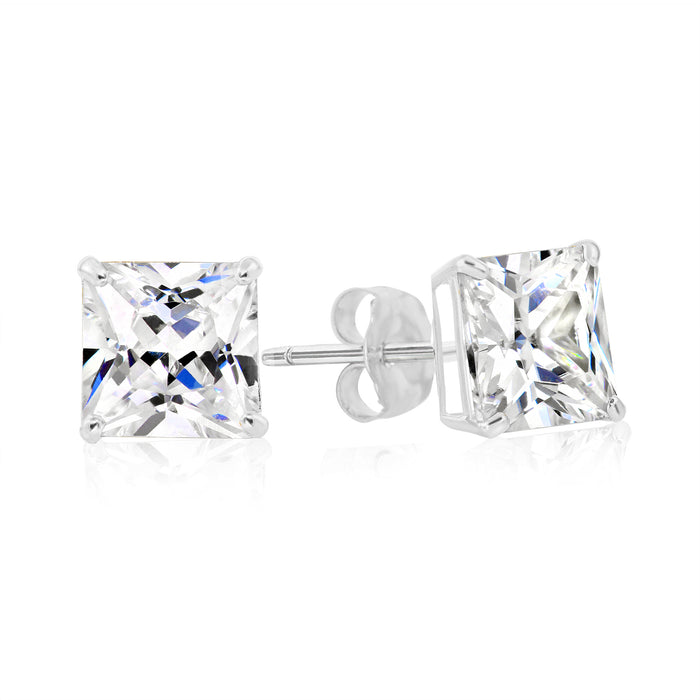 925 Sterling Silver 4 Prong Square Princess Solitaire CZ Studs - Pushback