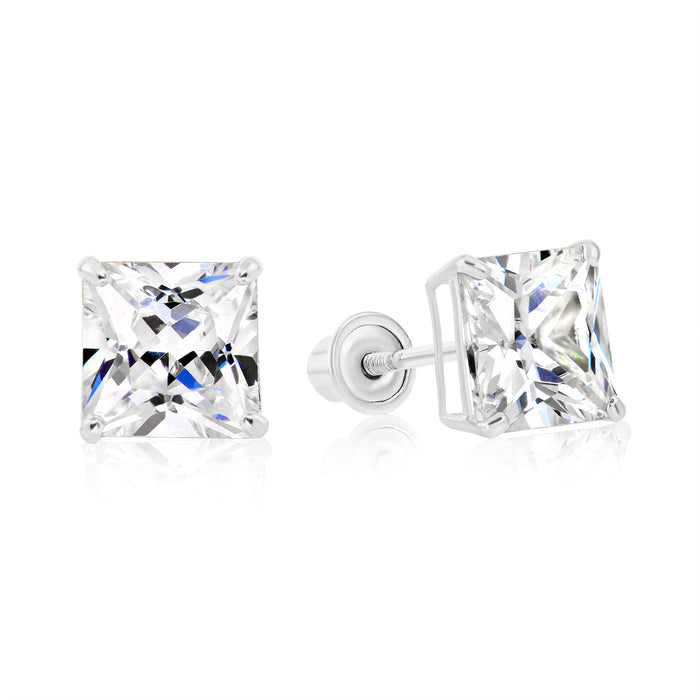 14k White Gold Square CZ Stud Earrings - Screwback