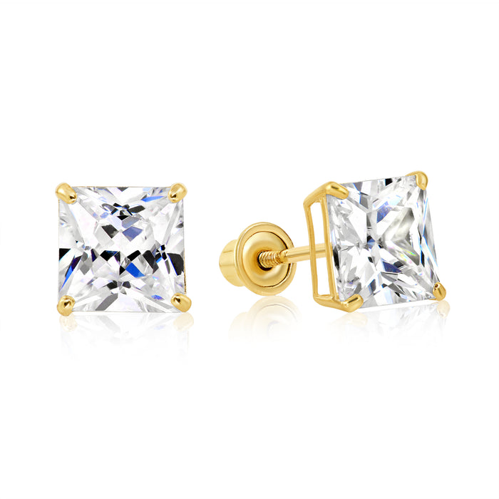 14k Yellow Gold Square CZ Stud Earrings - Screwback